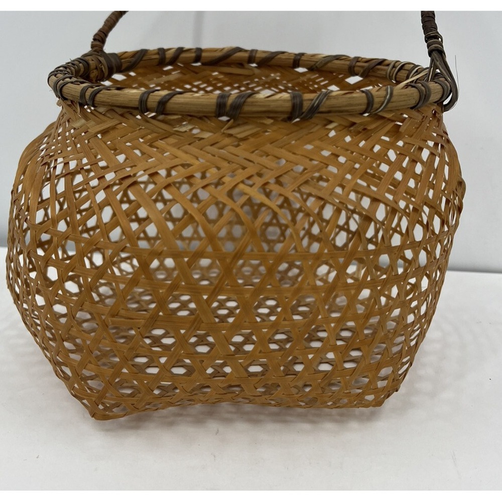 Vintage Cane Woven Basket Hexagon Bottom Weave Swinging Handle Boho